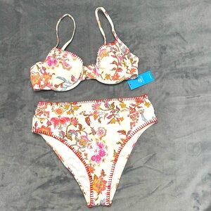 Cupshe White Floral High-Waist Bikini with Pink & Orange Flowers